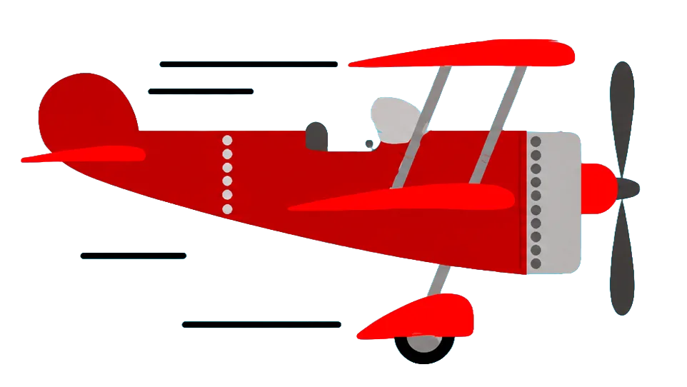 Red biplane flying above the city